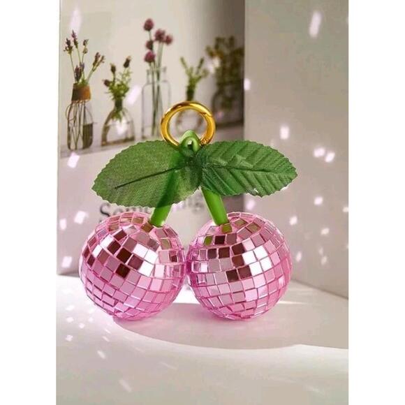 Pink Disco Cherry Keychain, Sparkly Retro Mirror Charm for Purse, Backpack, Bag - Picture 3 of 5